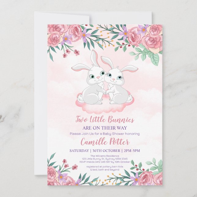 Pink Floral Bunny Rabbit Twin Girl Baby Dusche Inv Einladung (Vorderseite)