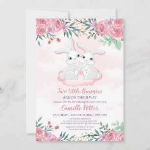 Pink Floral Bunny Rabbit Twin Girl Baby Dusche Inv Einladung