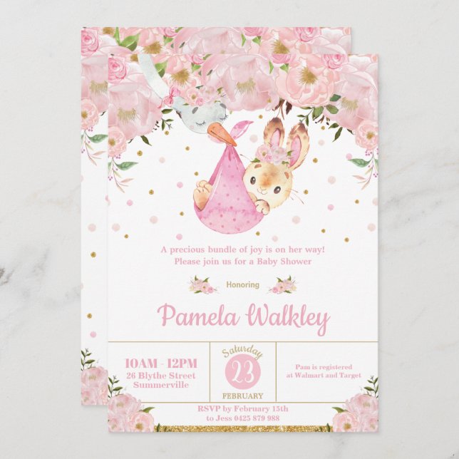 Pink Floral Bunny Stork Bundle Girl Baby Dusche Einladung (Vorne/Hinten)