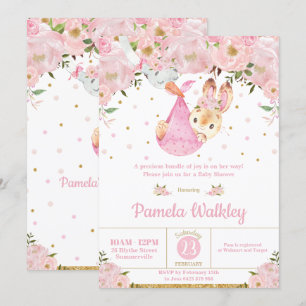 Pink Floral Bunny Stork Bundle Girl Baby Dusche Einladung