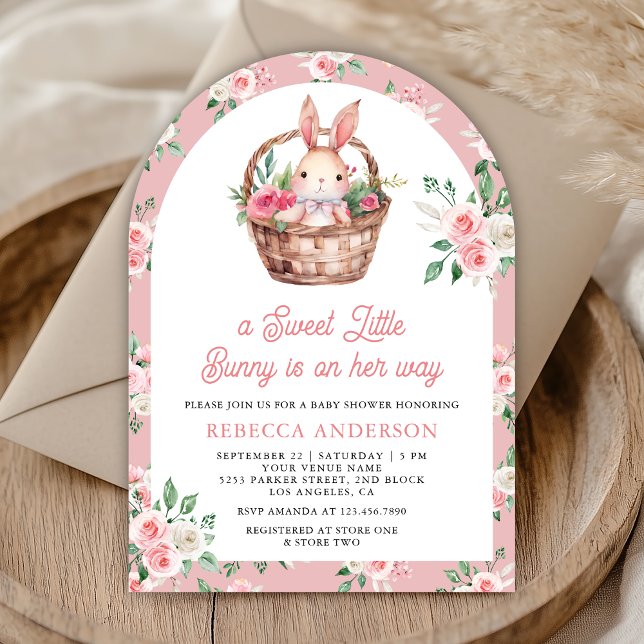 Pink Floral Bunny Sweet Baby Girl Arch Babydusche Einladung (Von Creator hochgeladen)