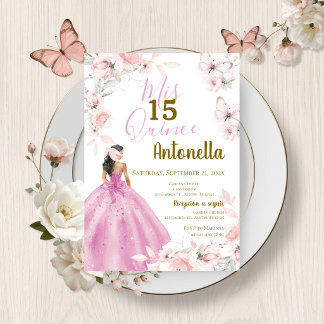 Pink Floral Butterfells Quinceañera Einladung