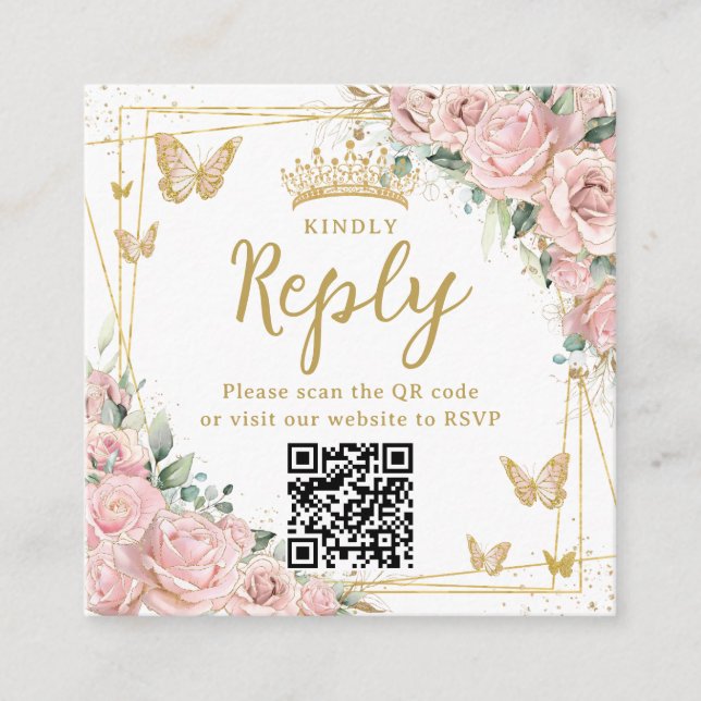 Pink Floral Butterflies Quinceanera RSVP QR Code Begleitkarte (Vorderseite)