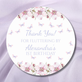 Pink Floral Butterfly 1. Geburtstag Vielen Dank Runder Aufkleber