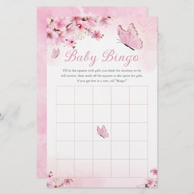 Pink Floral Butterfly Babydusche Bingo Spiel (Vorne/Hinten)