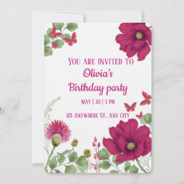 Pink Floral Butterfly  Birthday Invitation Einladung
