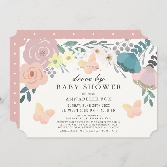 Pink Floral & Butterfly Drive-by Baby Shower Einladung (Vorne/Hinten)