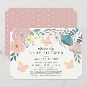 Pink Floral & Butterfly Drive-by Baby Shower Einladung