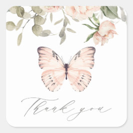 Pink Floral Butterfly Geburtstagsparty Danke Quadratischer Aufkleber