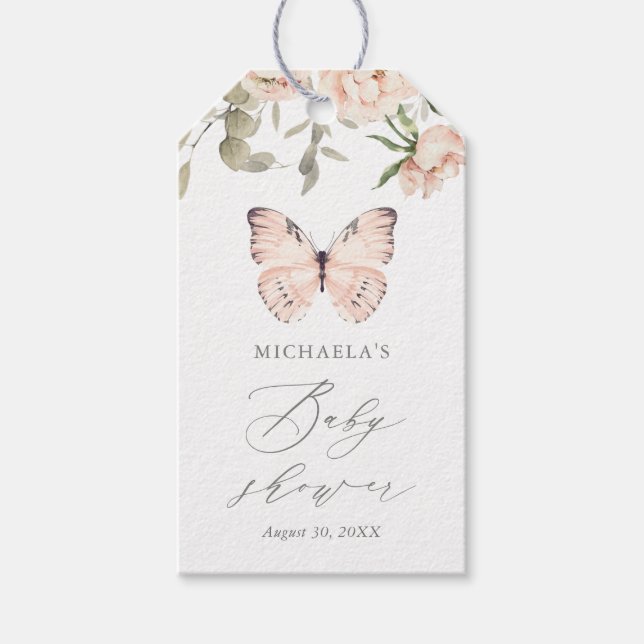 Pink Floral Butterfly Girl Babydusche Geschenkanhänger (Vorderseite)