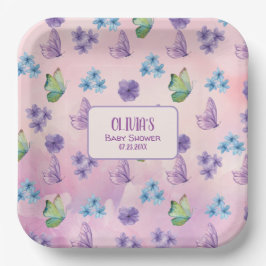 Pink Floral Butterfly Girl Babydusche Willkommen Pappteller