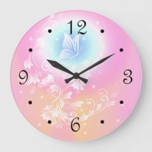 Pink Floral Butterfly Girl Numbers Große Wanduhr