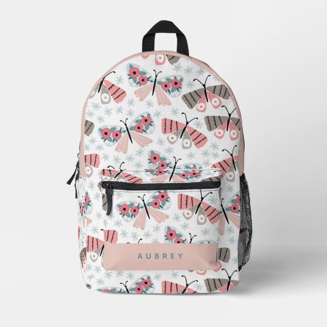 Pink Floral Butterfly Pattern Bedruckter Rucksack (Vorderseite)
