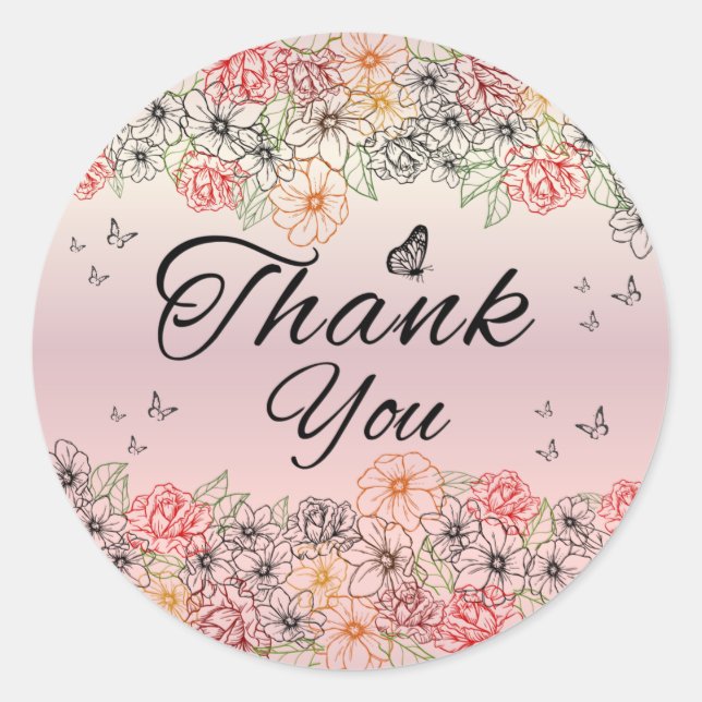 Pink Floral Butterfly Round Thank You Sticker (Vorderseite)
