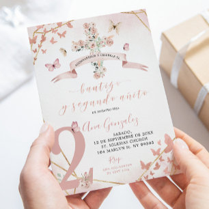 Pink Floral Butterfly Spanische Taufe 2. Geburtsta Einladung