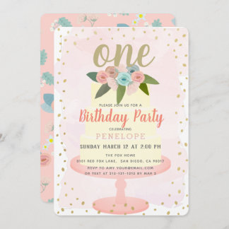 Pink Floral Cake Girl 1. Geburtstag Einladung