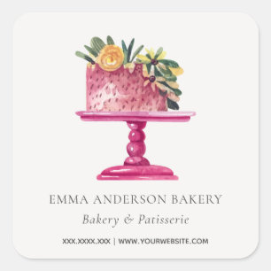 PINK FLORAL CAKE PATISSERIE CUPCAKE BAKERY SEAL QUADRATISCHER AUFKLEBER