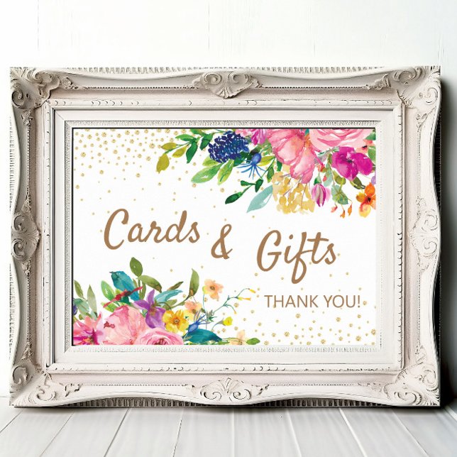 Pink Floral Cards Gifts Baby Shower Poster (Pink, blue, and yellow watercolor floral and gold glitter baby shower cards and gifts sign)