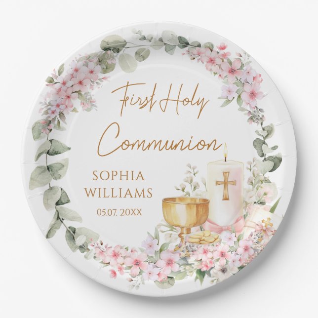 Pink Floral Chalice First Holy Communion  Pappteller (Vorderseite)