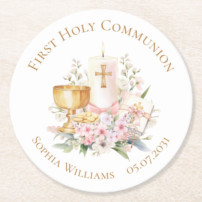 Pink Floral Chalice First Holy Communion  Runder Pappuntersetzer (Vorderseite)