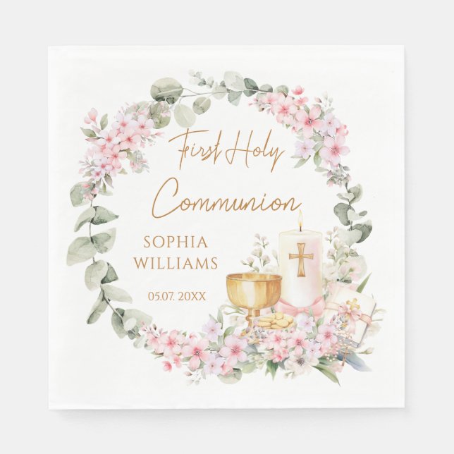Pink Floral Chalice First Holy Communion  Serviette (Vorderseite)