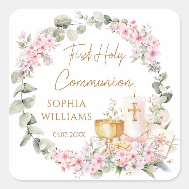 Pink Floral Chalice First Holy Communion Sticker (Vorderseite)