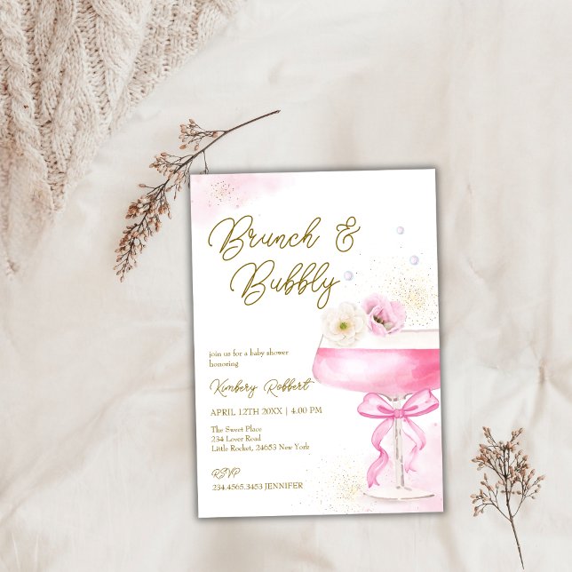 Pink Floral Champagner Brunch Bubbly Baby Dusche Einladung (Pink Floral Champagne Brunch Bubbly Baby Shower Invitation)