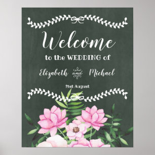 Pink Floral Chlakboard Custom Wedding Sign Budget Poster