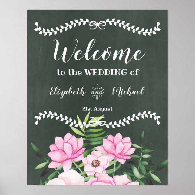 Pink Floral Chlakboard Custom Wedding Sign Budget Poster (Vorne)
