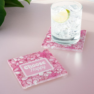 Pink Floral Choose Happy Glasuntersetzer