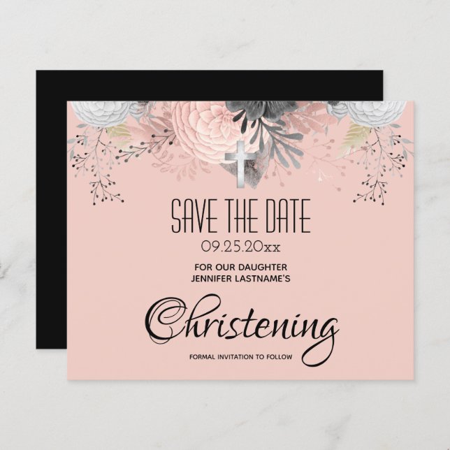 Pink Floral Christening Save the Date Haushalt (Vorne/Hinten)
