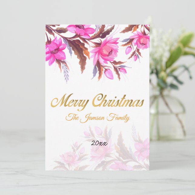 Pink Floral Christmas Card Feiertagskarte (Stehend Vorderseite)