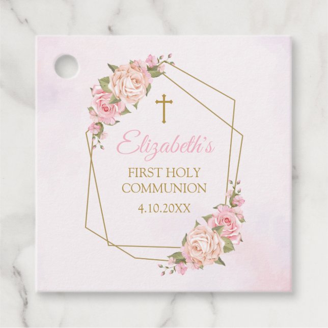 Pink Floral Communion Geschenkanhänger (Vorderseite)