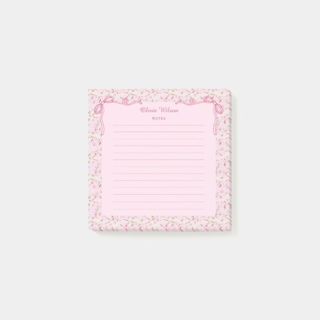 Pink Floral Coquette Bow Custom Name Post-it Klebezettel (Vorderseite)