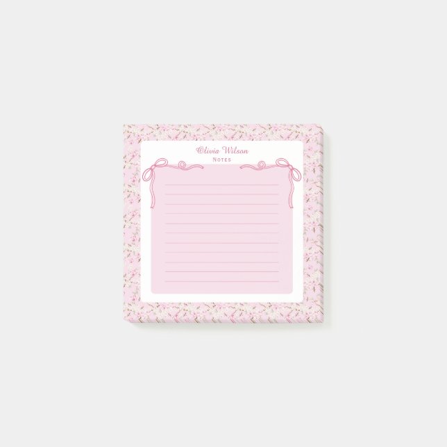 Pink Floral Coquette Bow Custom Name Post-it Klebezettel (Vorderseite)