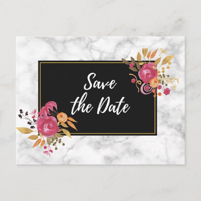 Pink Floral Corner Bouquets Save the Date auf Schw Ankündigungspostkarte (Vorderseite)