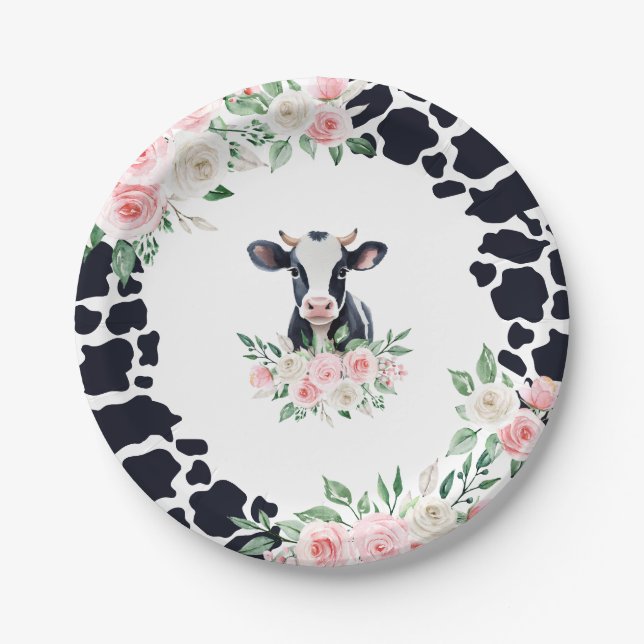 Pink Floral Cow Birthday Party Pappteller (Vorderseite)