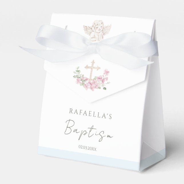 Pink Floral Cross Angel Baptism Favor Boxes Geschenkschachtel (Vorderseite)