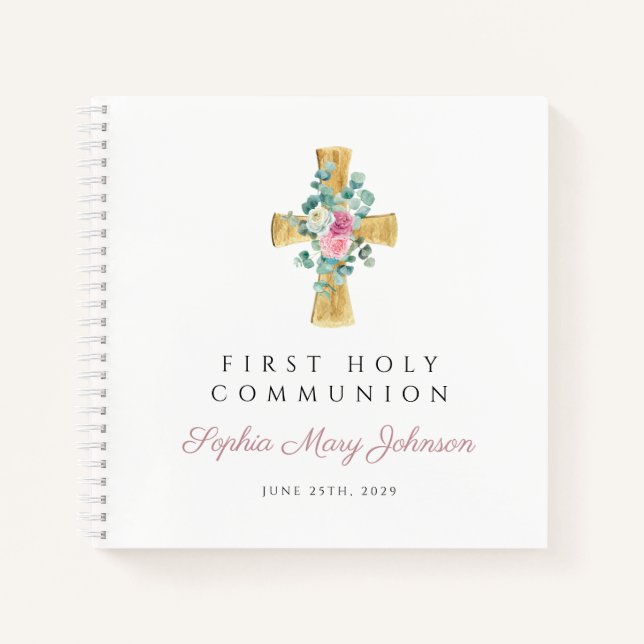 Pink Floral Cross First Communityguestbook Notizbuch (Vorderseite)
