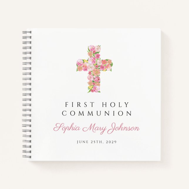 Pink Floral Cross First Communityguestbook Notizbuch (Vorderseite)
