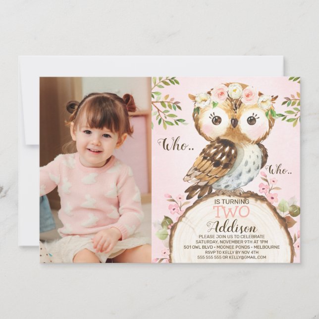 Pink Floral Crown Owl Photo Birthday Invitation Einladung (Vorderseite)