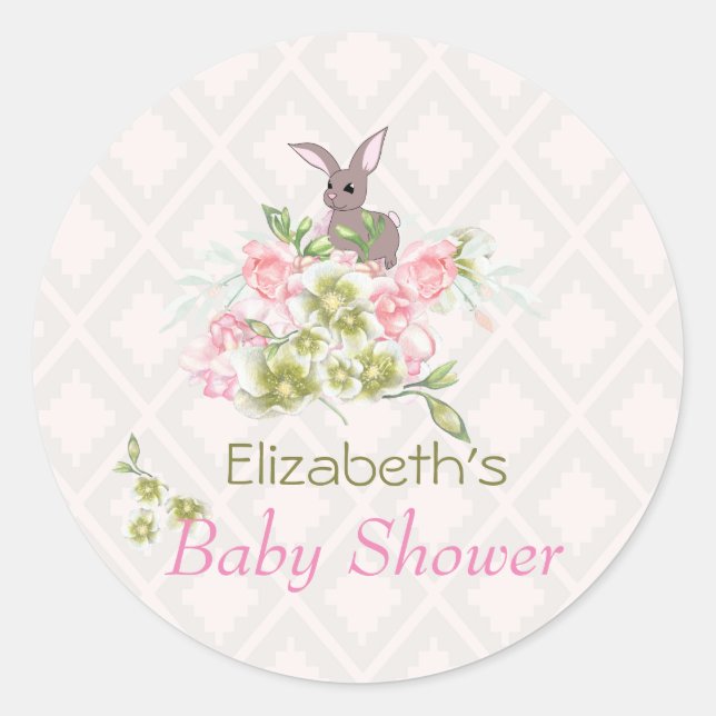 Pink Floral Cute Bunny Baby Dusche Runder Aufkleber (Vorderseite)
