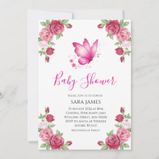 Pink Floral Cute Butterfly Baby Shower Invitation Einladung
