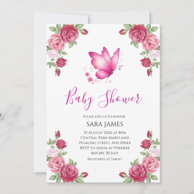 Pink Floral Cute Butterfly Baby Shower Invitation Einladung (Vorderseite)