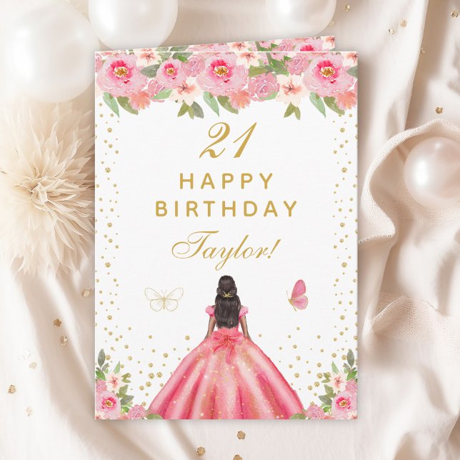 Pink Floral Dark Skin Girl Happy Birthday Karte (Von Creator hochgeladen)