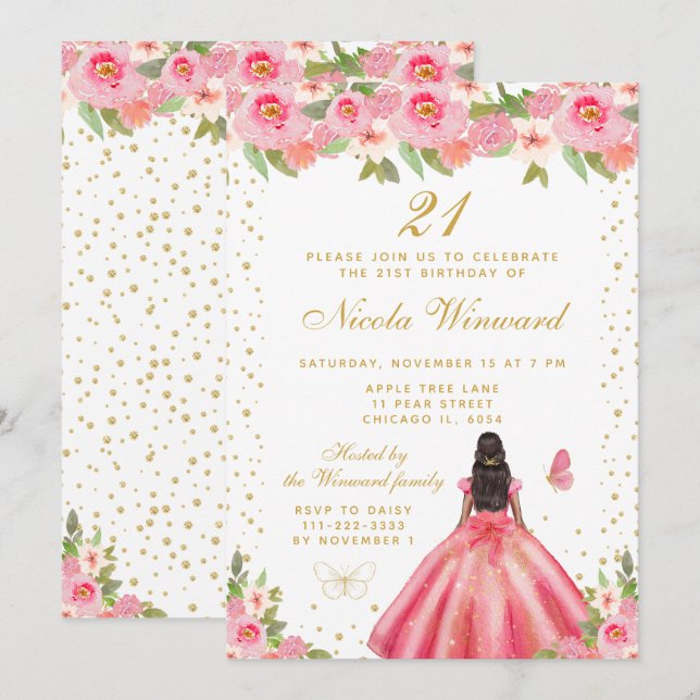 Pink Floral Dark Skin Princess Birthday Party Einladung (Vorne/Hinten)
