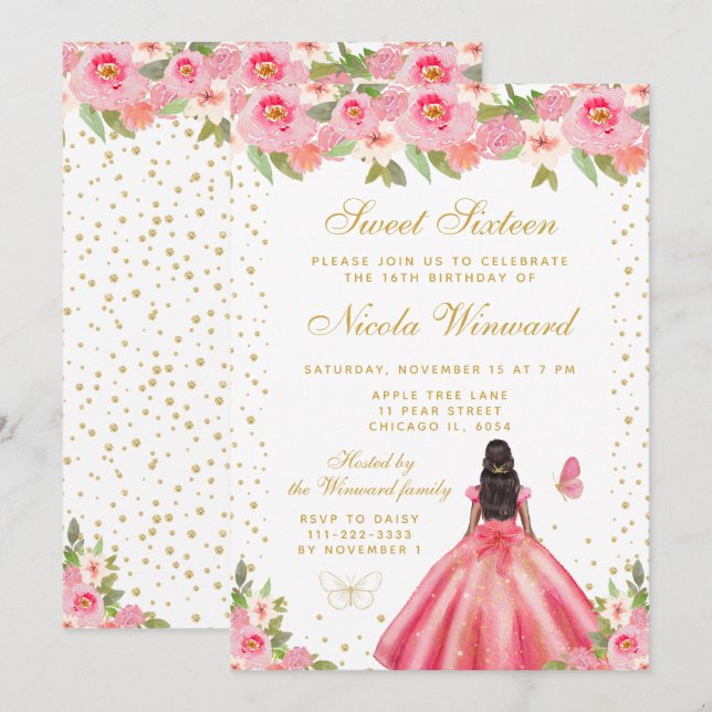 Pink Floral Dark Skin Princess Sweet Sixteen Einladung (Vorne/Hinten)