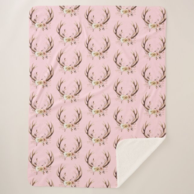 Pink Floral Deer Antlers Sherpadecke (Vorderseite)