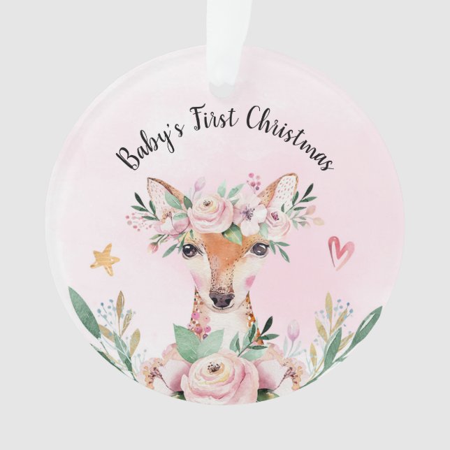 Pink Floral Deer Baby's First Christmas Ornament (Vorderseite)