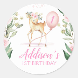 Pink Floral Deer Birthday Favor Sticker